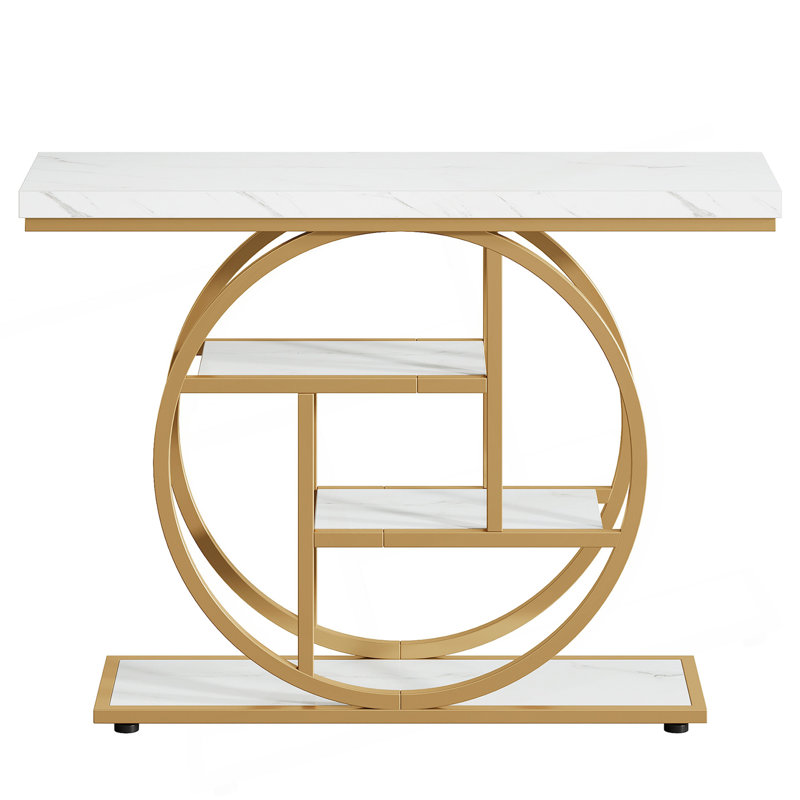 Console industrielle de 41,3 po, canapé d'entrée à 4 niveaux avec base circulaire, table d'appoint moderne étroite avec rangement pour le salon, le couloir, le vestibule, la finition blanche et dorée