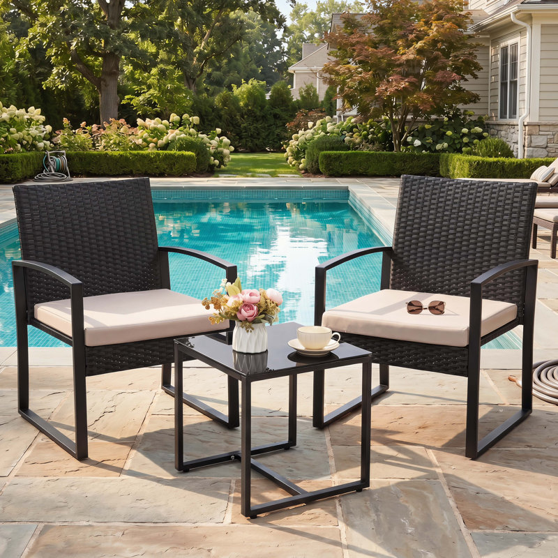 3 Piece Wicker Patio Bistro Set with Coffee Table, Outdoor Rattan Conversation Set for Balcony Porch Garden Yard Poolside