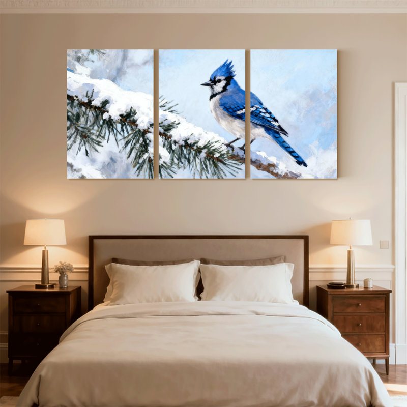 «Birds Jay on Snowy Branch Winter Scene», ensemble de 3 impressions d'art sur toile, H 30 po x l 60 po