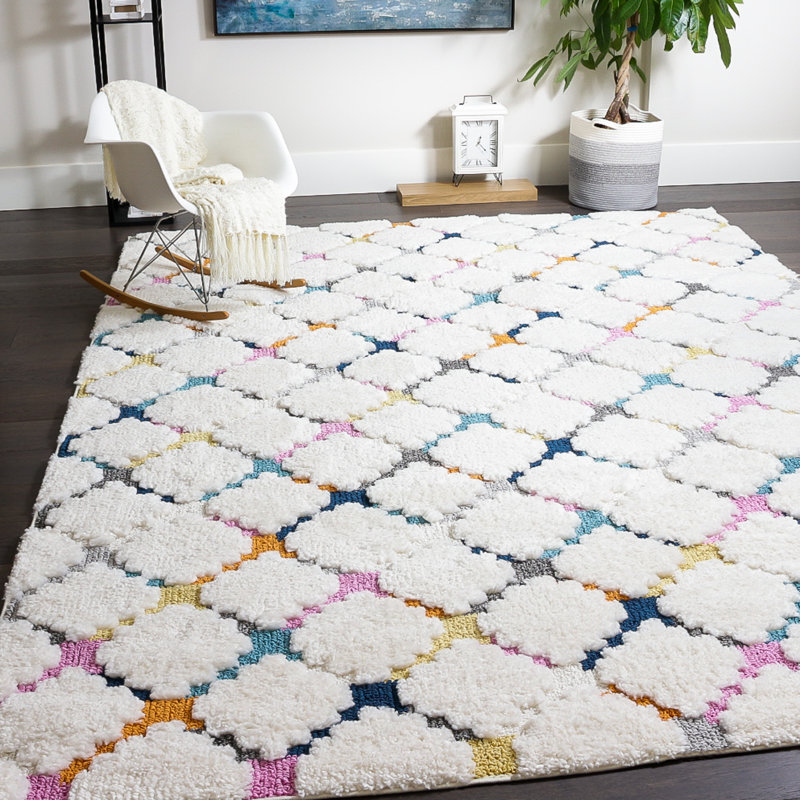 Tapis géométrique ivoire / bleu / vert Barden, Rectangle 7 pi 11 po x 10 pi 10 po