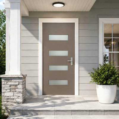 Ensemble de porte d'entrée contemporaine en fibre de verre 36 po x 80 po à 4 lumières, verre givré, à gauche