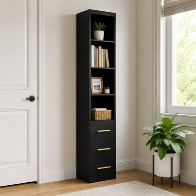 Black Modern Tall Narrow Storage Cabinet with 4 Open Shelves 3 Drawers Particle Board MDF Multipurpose Organizer Easy to Assemble for Bathroom Laundry Room Living Room Bedroom and Office