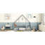 Lit simple en bois en forme de maison avec clôture-124917513-124917515