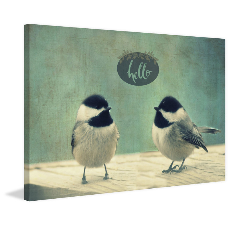 « hello oiseaux 2 » par robin, reproduction d’art sur toile tendue, H 12 po x l 18 po x P 1,5 po