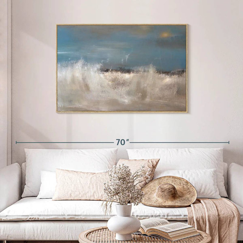 Vagues de la mer sauvage, Cadre flottant en bois naturel, 43 po x 29 po