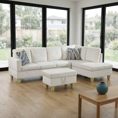Ensemble de canapé en tissu blanc 3 pièces | Conception de couture en X | Structure en bois massif | Repose-pieds avec rangement
