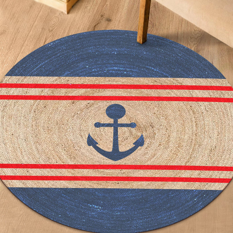 Tapis beige / bleu / rouge en jute tissé à la machine Burnham, Rond 2 pi 7 po