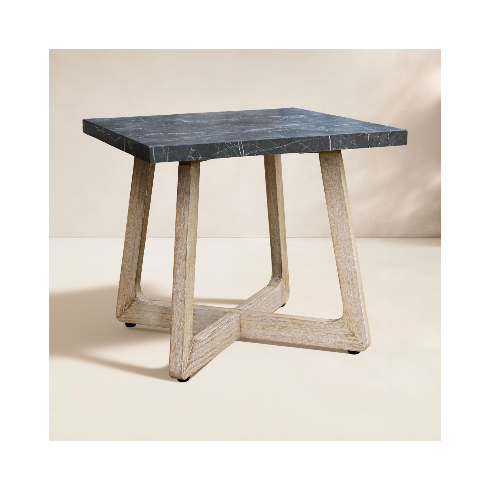 Posey Antique Wash & Square Black Marble Sinterned Stone Accent Table, Black Marble