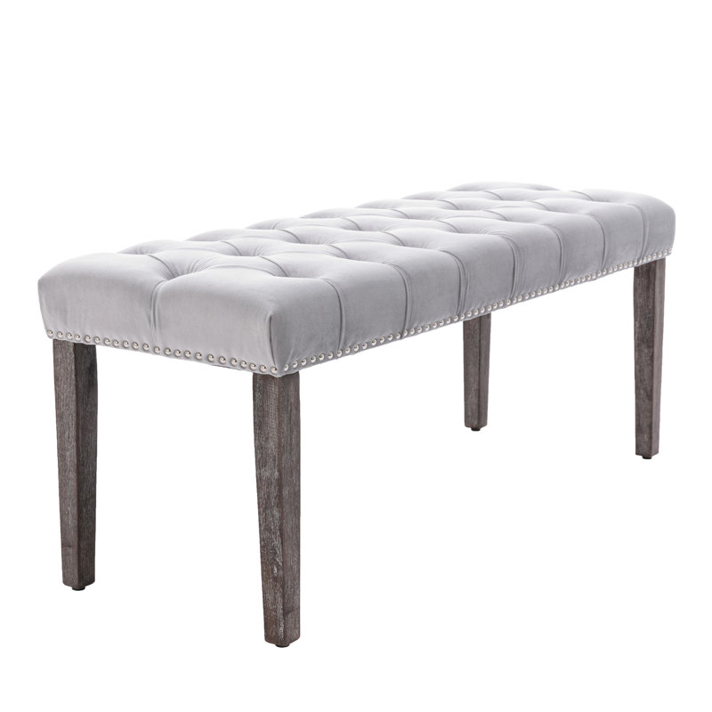Banc gris rembourré pour la salle à manger et la chambre à coucher, coussin en velours, pieds en bois d'hévéa, assemblage facile, planchers de protection, garage de 17,4 po de largeur, hauteur de 18,97 po