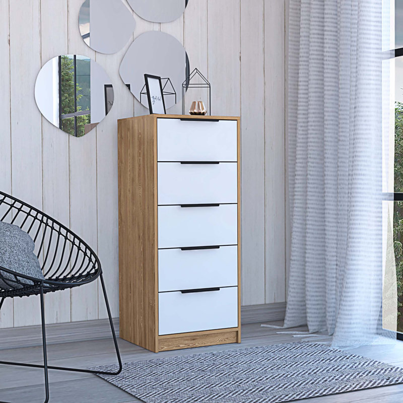 Kaia 5 Drawer Dresser, Vertical Dresser, Pine/White