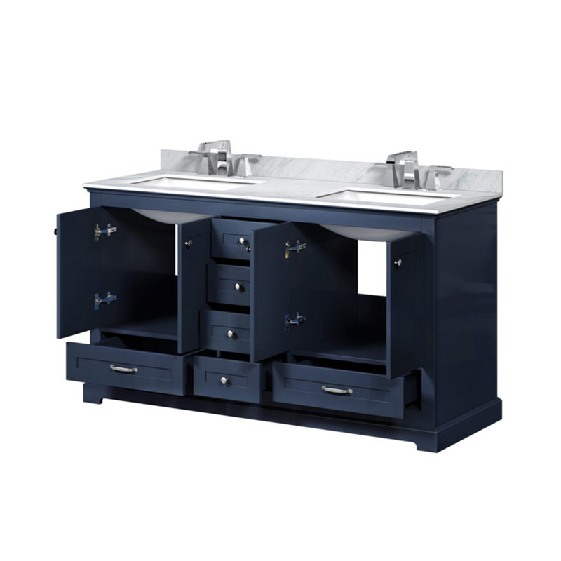 Double Bath Vanity with Carrara Marble Top, Navy Blue