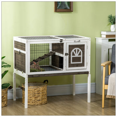 Cage à lapins d'intérieur en bois avec couloir spacieux, échelle, portes verrouillables et plateau amovible pour un nettoyage facile