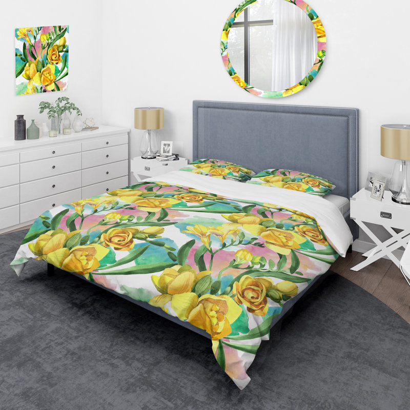 Roses jaunes et feuille verte - Ensemble de housse de couette Cabin & Lodge, Housse de couette pour très grand lit et 2 très