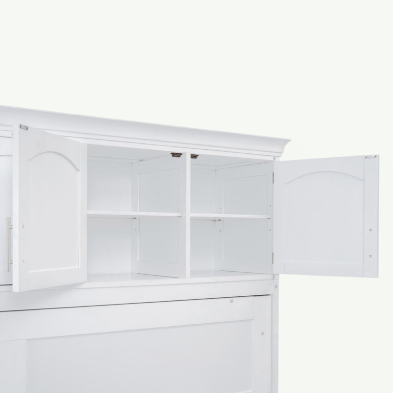 Grand lit escamotable avec armoires de rangement et tablettes, Blanc
