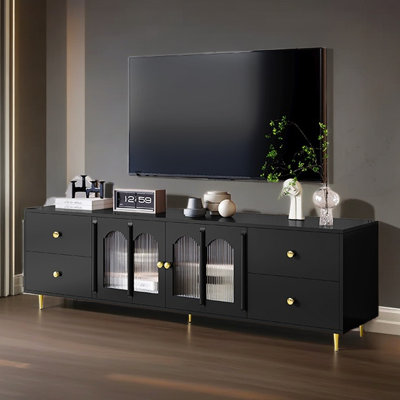 Meuble télé de 70,9 po pour téléviseur de 75 po ou moins, centre de divertissement avec porte vitrée, 4 tiroirs et 2 armoires, cinq pieds et poignées en métal pour le salon