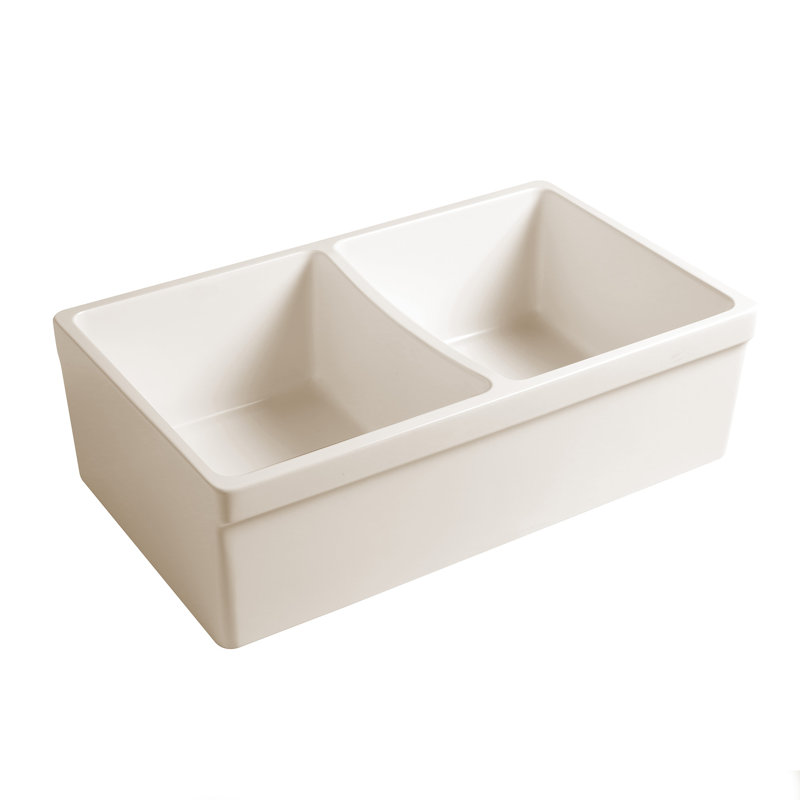FarmhausQuatro 33" x 20" Double Bowl Front Apron Fireclay Sink, Glossy Biscuit