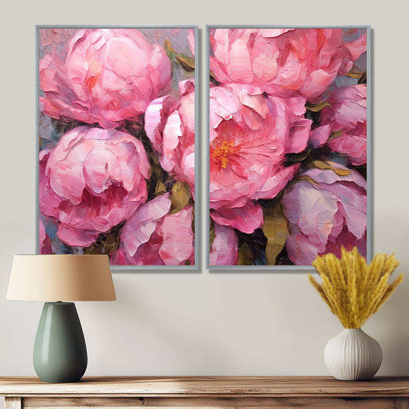 Pivoine rose Perfection I - grande décoration murale florale 2 panneaux, H 36 po x l 48 po, Argent argent