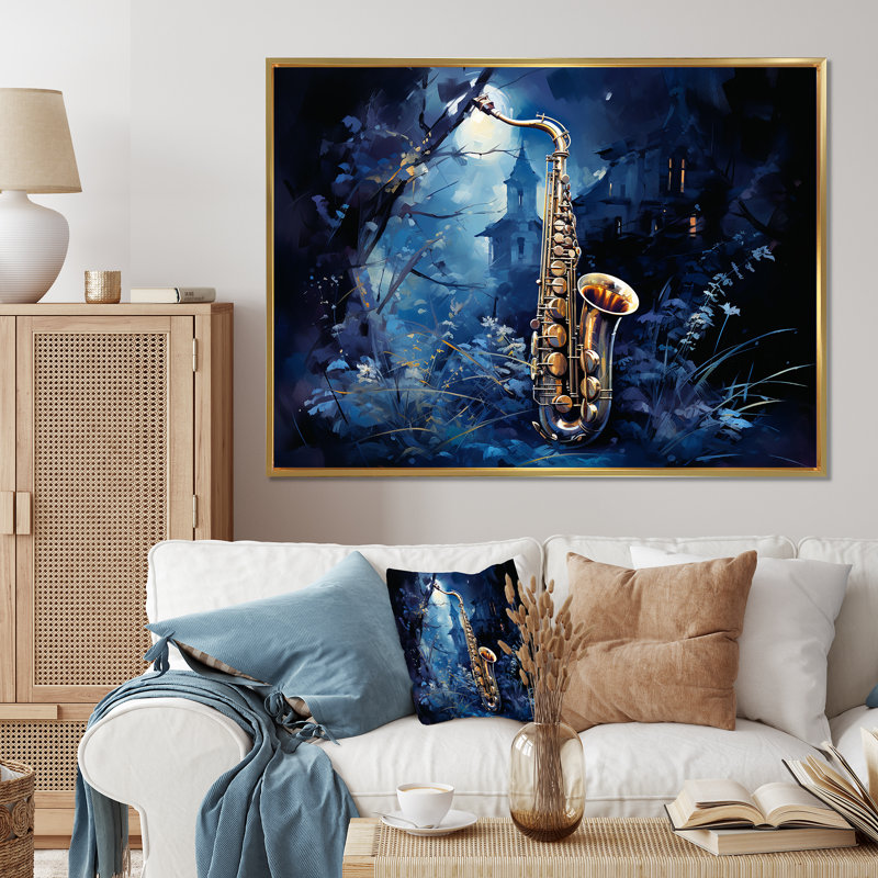Saxophone bleu minuit - musique encadrée, art mural, Cadre flottant doré, H 30 po x l 40 po x P 1,5 po