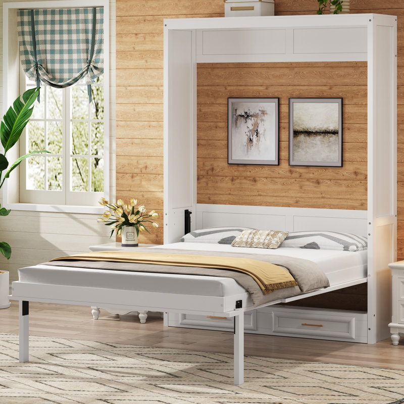 Lit escamotable double Roomfitter avec tiroirs de rangement, lit mural peu encombrant pour chambre d'amis, beige moderne