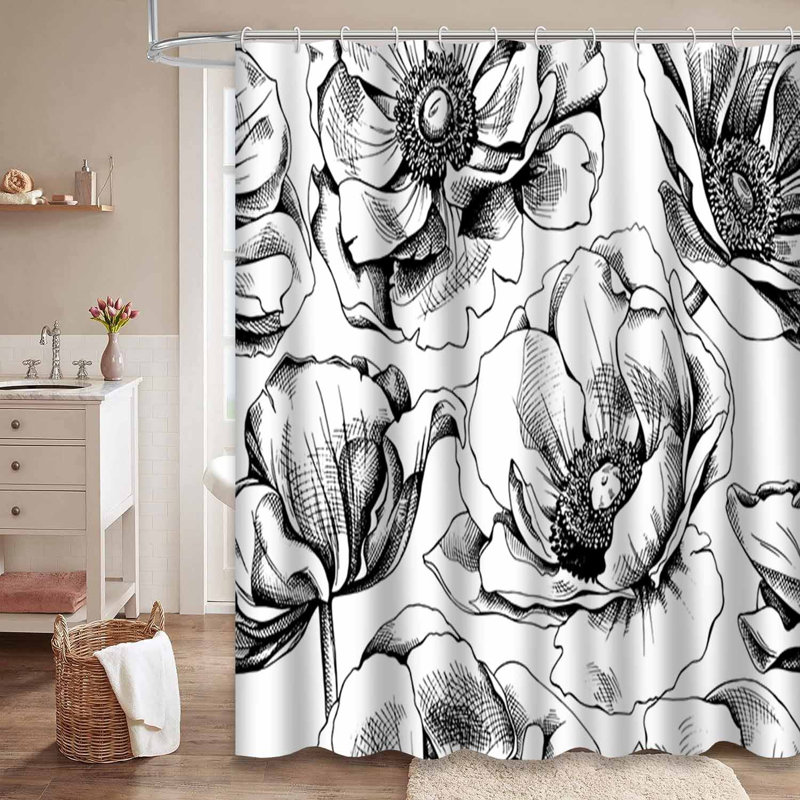 Rideau de douche imperméable à motif floral noir et blanc avec 12 crochets, L 72 po x l 78 po