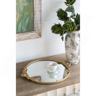 19x16x1" Round Mirror Tray with Gold Iron Frame and Intricate Floral Accents
