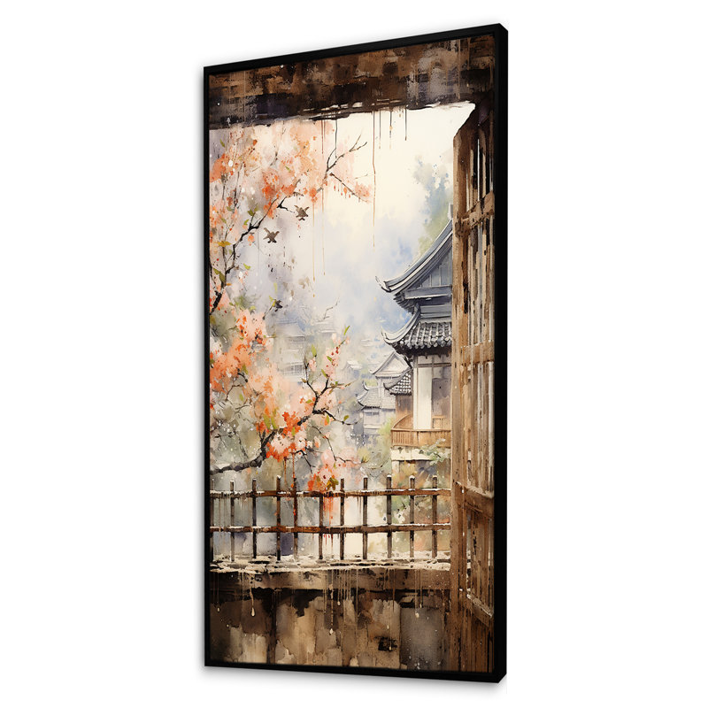 «Beige Window To Osaka II», art mural grand Osaka, H 60 po x l 28 po x P 1,5 po, Cadre flottant noir
