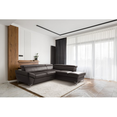CAPRI Genuine Leather Corner Sofa with Pull-Out Bed and Storage and Adjustable Headrests