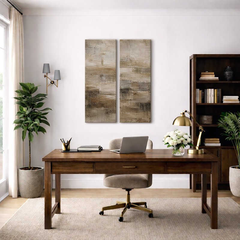 Ensemble de 2 impressions sur toile encadrées, motif abstrait beige et brun neutre, 81 x 30 x 5 cm, H 32 po x l 12 po