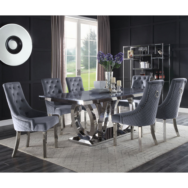 Gray Faux Marble and Stainless Steel Dining Table