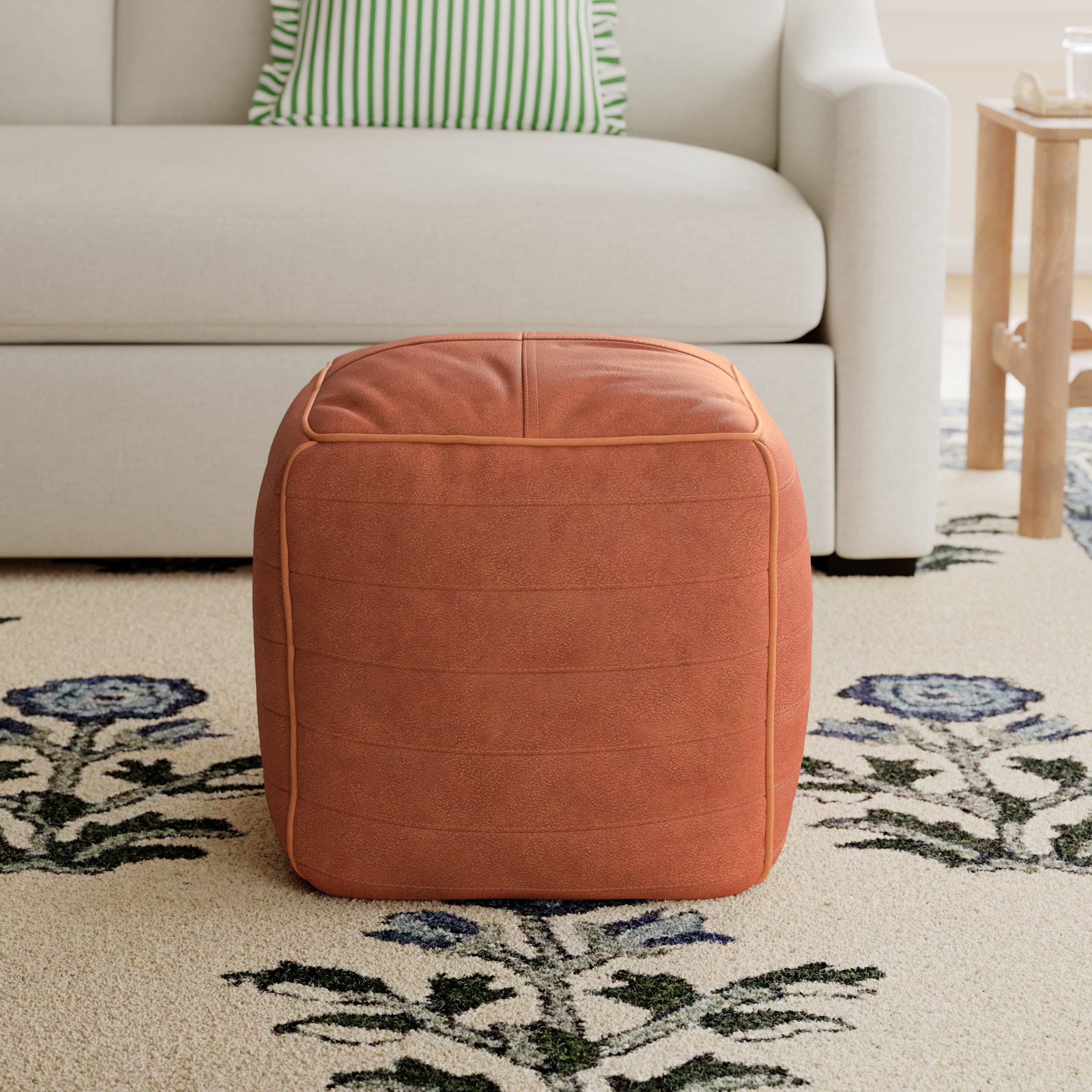 Shari Leather Pouf, Brown Genuine Leather