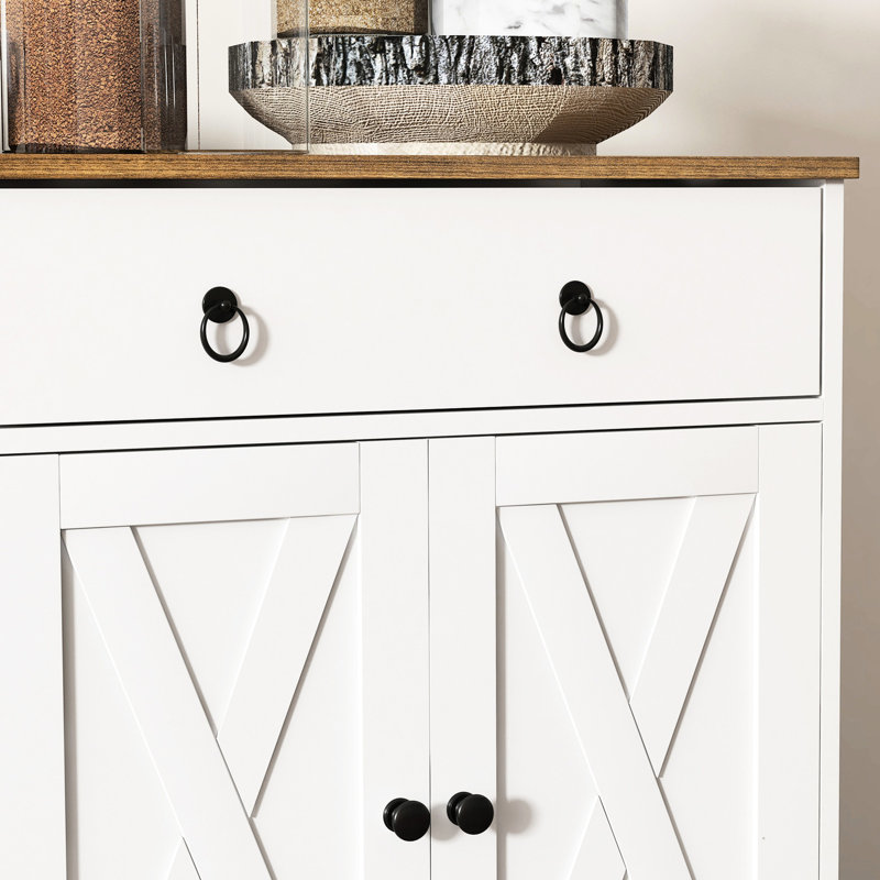 Buffet avec rangement, 2 tiroirs, 4 portes, tablettes réglables, blanc, buffet à grain de bois, armoire de rangement, dessus, pour bureau