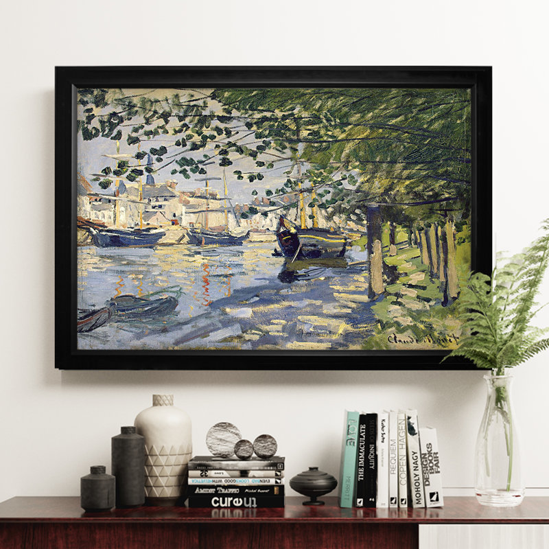 «La seine à Rouen», reproduction de peinture à l'huile, H 20 po x l 24 po x P 1,5 po, Cadre noir, Blanc mat