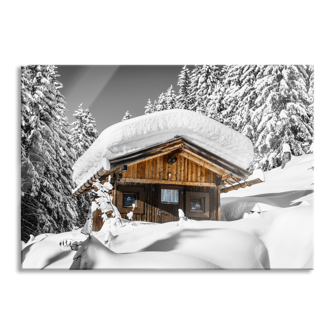 Leinwandbild Snowy Ski Hut in Alpine Forest B&W Detail