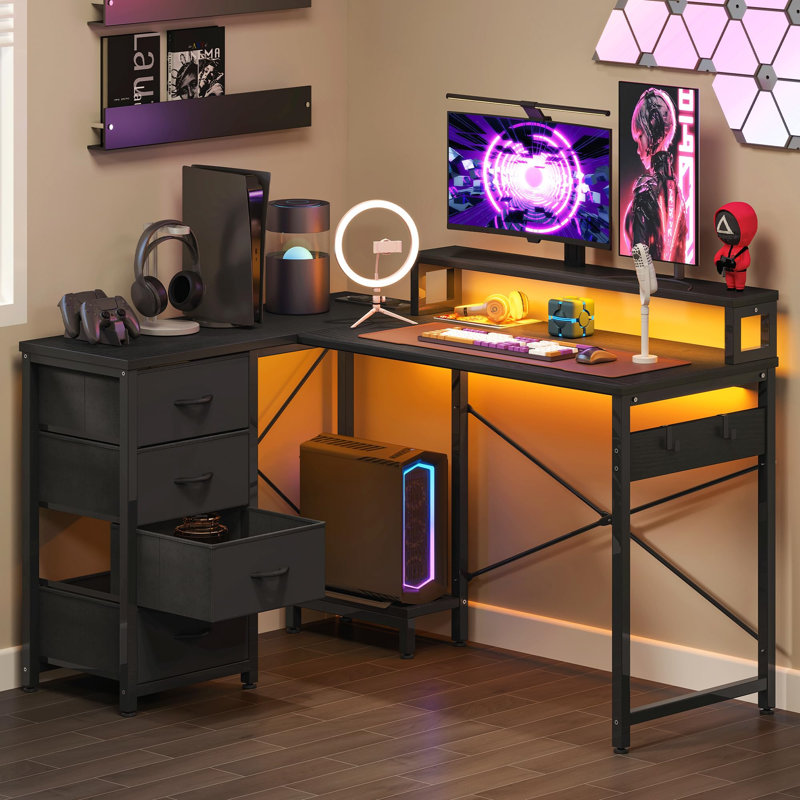 L-Shaped Computer Desk with Power Outlet, Black