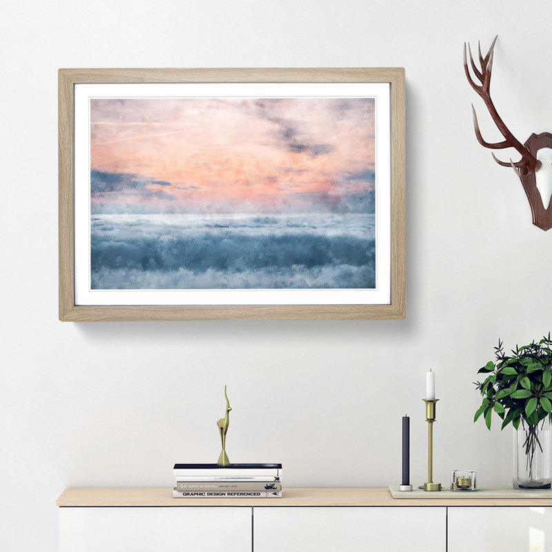 Sea and Clouds in Blue and Pink - Picture Frame Painting Print, Oak Framed, 24cm H x 33cm W x 2cm D