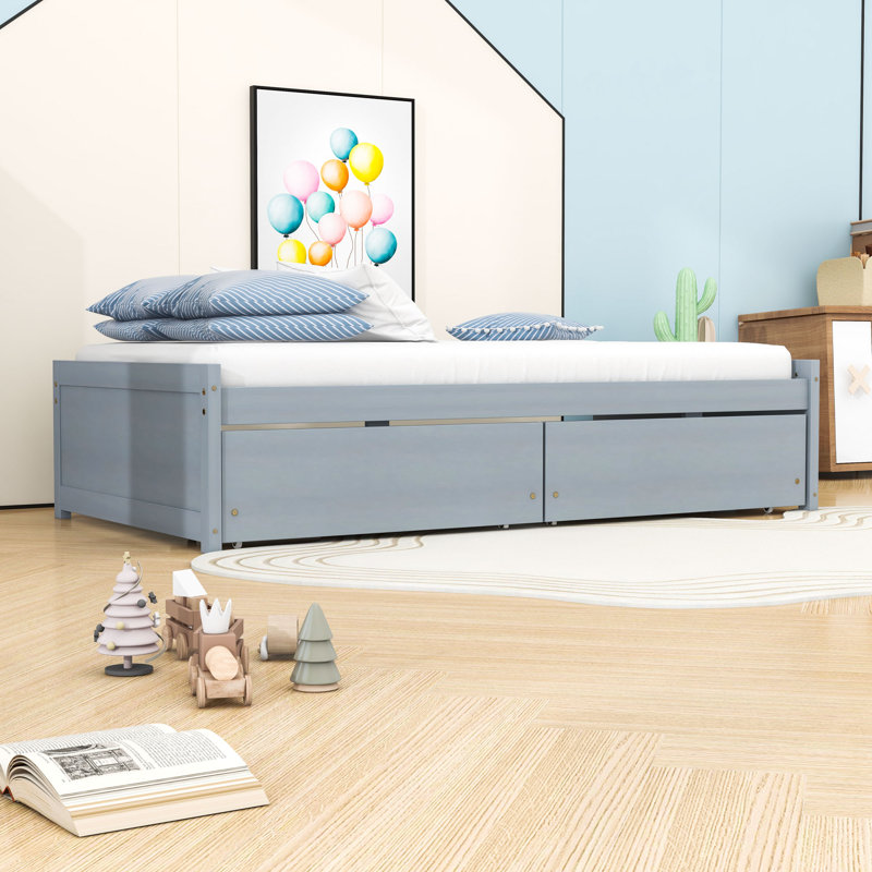 Twin Size 2 Drawers Wooden Platform Bed, Gray