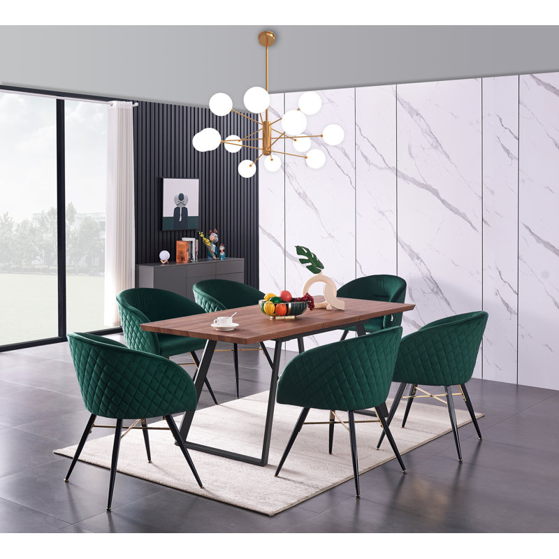 Goddard 6 Person Dining set - a Rectangular Extendable Dining Table with Metal Legs and a Set of 6 Quilted Velvet Dining Chairs for Dining Room - Modern Dining Table Set
