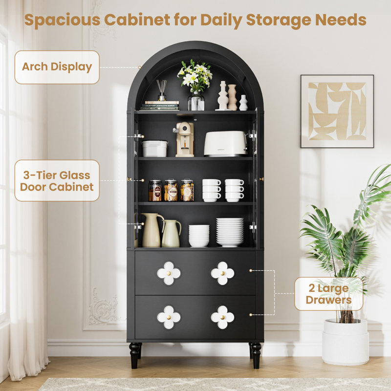 Arched Solid Wood Storage Cabinet, Black Finish, Black Wood