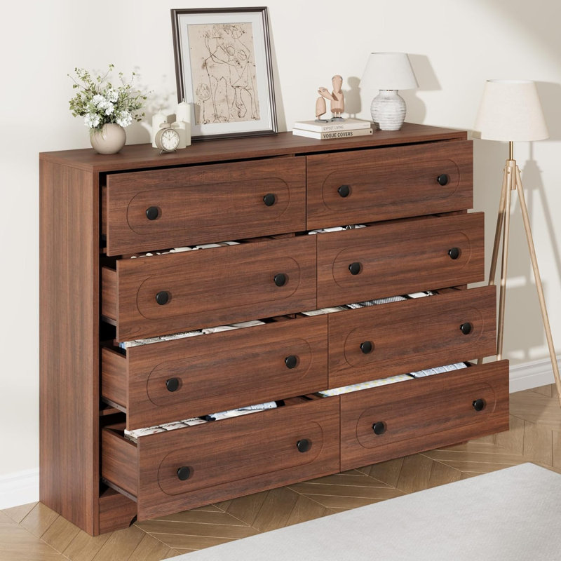 Commode 8 tiroirs Mid-Century, commode en bois de 55 po de largeur avec tiroirs profonds et poignées en métal pour la chambre à coucher, le salon, l'entrée ou le couloir