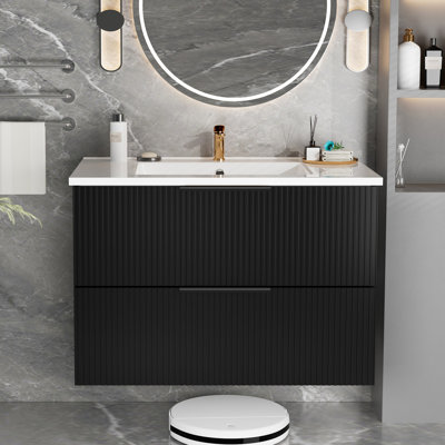 Armoire de salle de bain murale flottante noire 36 po avec lavabo en céramique et tiroirs en forme de U, panneau multicouche pour une durabilité de longue durée, grand rangement pour garder les articles organisés, lisse