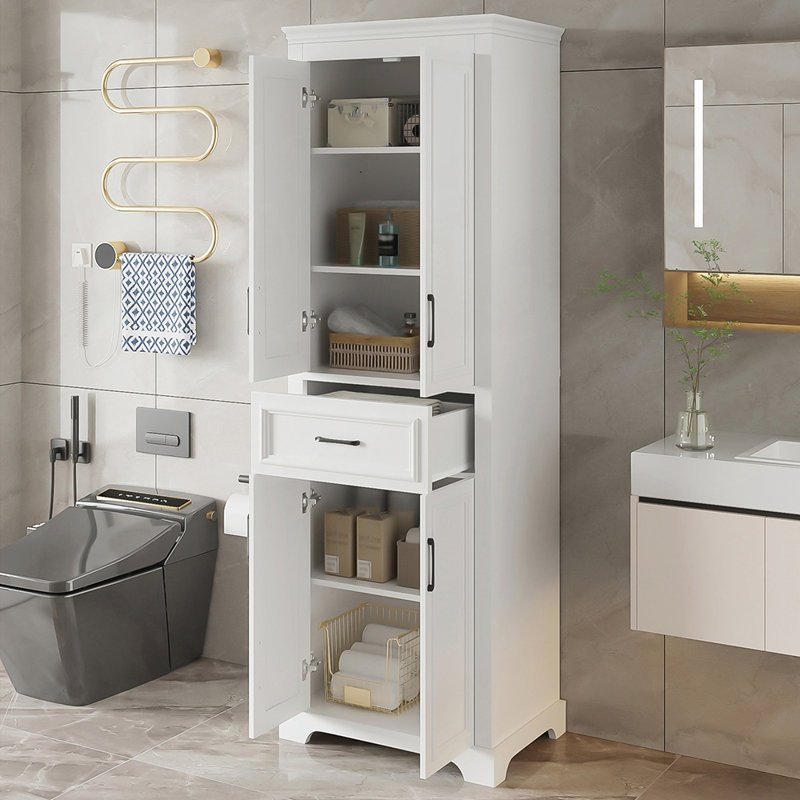 Armoire de salle de bain moderne avec poignées en métal noir, rangement durable et portes à fermeture en douceur pour plus de confort et de style.