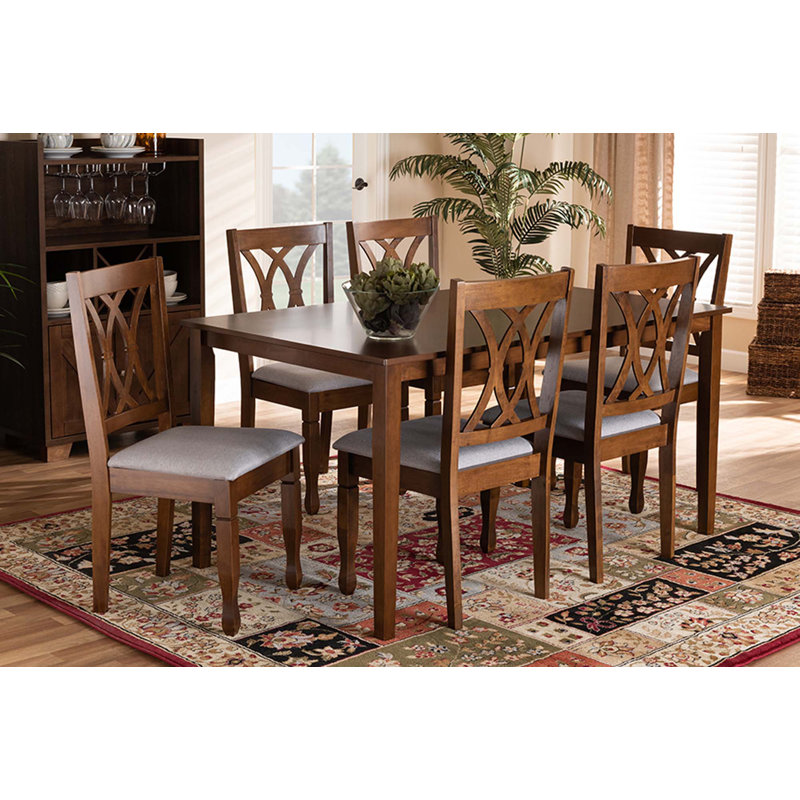 6 - Person Four Leg Dining Set, Walnut, Gray/Walnut