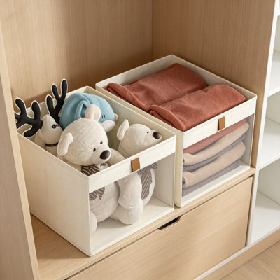 Linen Closet Organizers and Storage, Foldable Storage Bins with Mesh Window for Clothes Towels and Toys, Sturdy Basket Organizer for Shelves, Beige 2 Pack, 14.5 x 14.5 x 10.25 Inches