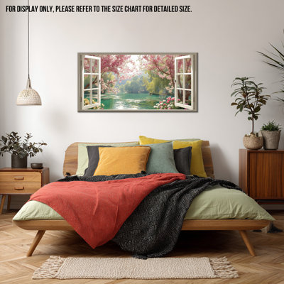  Art mural paysage, peinture sur toile de fleurs de cerisier au printemps avec fenêtre ouverte, grandes photos pour murs de salon, œuvres d'art pour chambre à coucher, 12 x 24 pouces