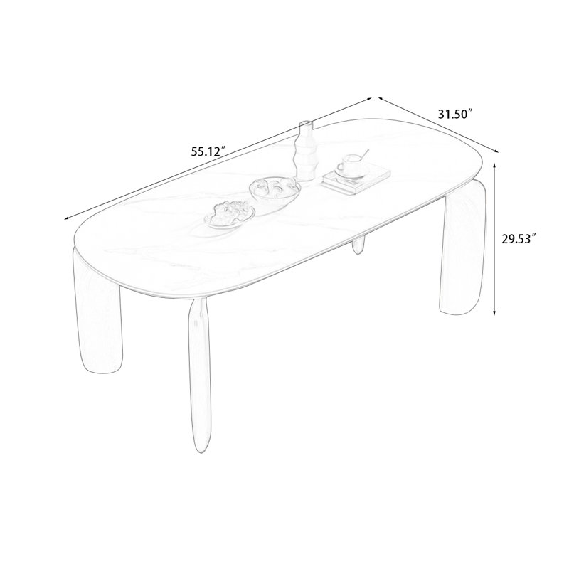 White+Reddish-brown Oval Sintered Stone+Solid + Manufactured Wood Dining Table, 29.53"H x 55.12"L x 31.5"W