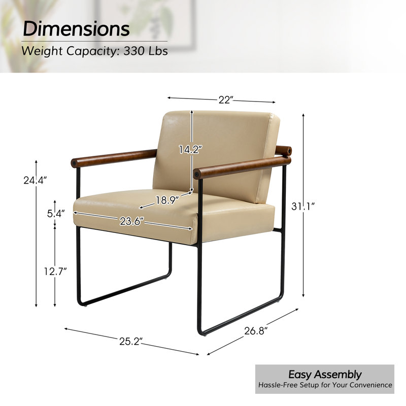 Avelina Modern Vegan Leather Ergonomic Armchair with Metal Base, Ivory Faux Leather