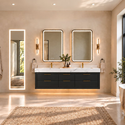 Ensemble meuble-lavabo double suspendu noir de 152 cm (60 po) avec armoire à pharmacie à DEL pleine longueur, comptoir en pierre reconstituée, 6 tiroirs à fermeture amortie, prise USB et éclairage réglable.