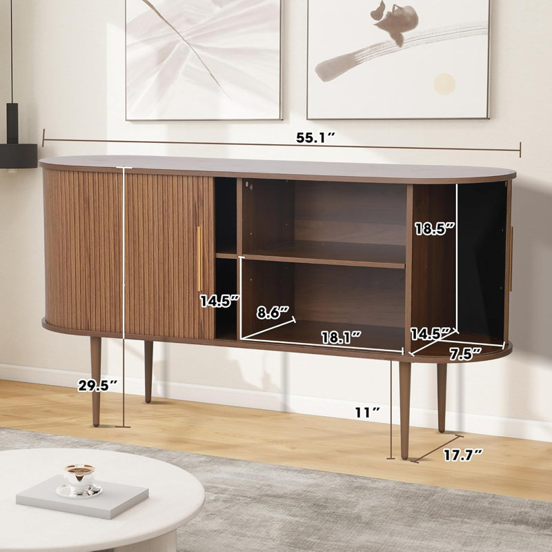Buffet 55 "avec portes coulissantes cannelées, armoire de rangement Tambour avec tablettes, Brun