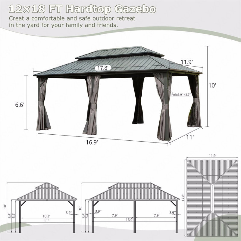 12X18FT Gazebo Aluminum, Mosquito Net For Outdoor Use With Galvanized Steel Double Roof, 120" H x 213.6" W x 142.8" D, Gray