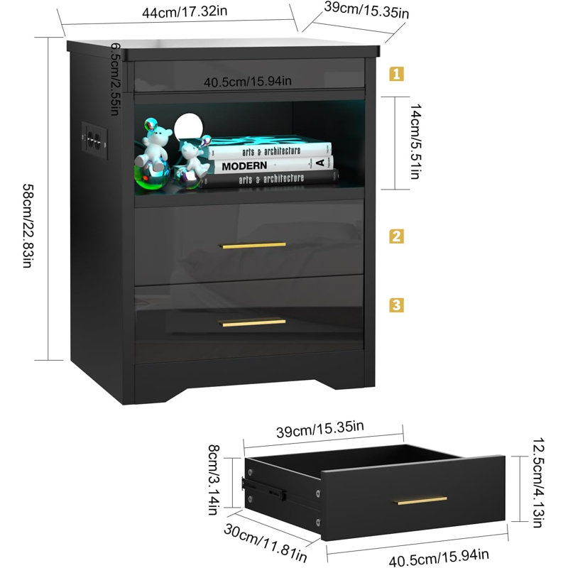 Bedside Table with 2 Drawers, Pushable Desktop Bedside Cabinet with LED Lights & UK Charging Station 2AC/2USB, Wooden Side Table for Bedroom Living Room Sofa Side, Black Nightstand Home Office UK Plug